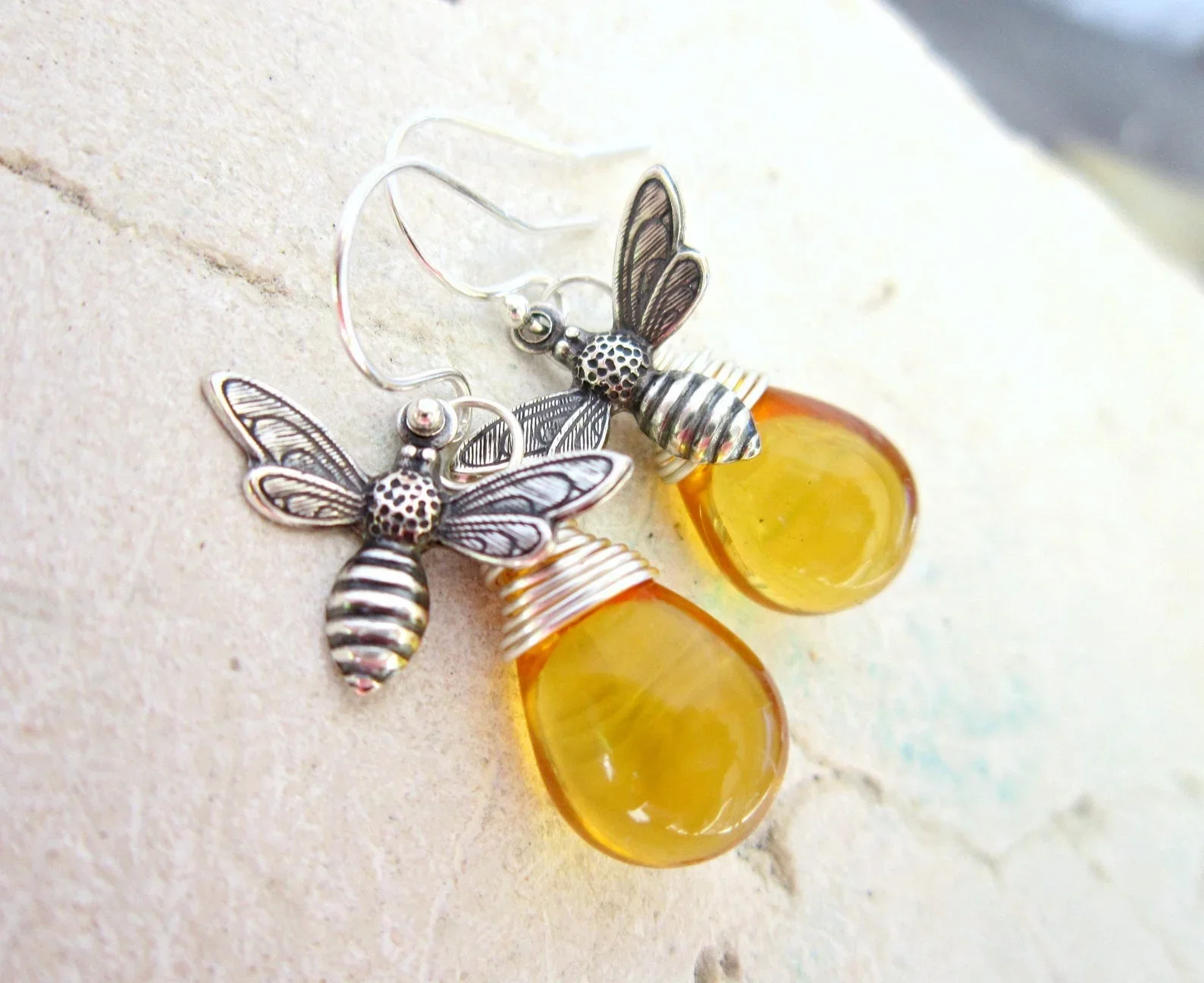 Silver Honey Bee Earrings. Honey Bee Jewelry. Wire Wrapped Drops Honey Amber Earrings