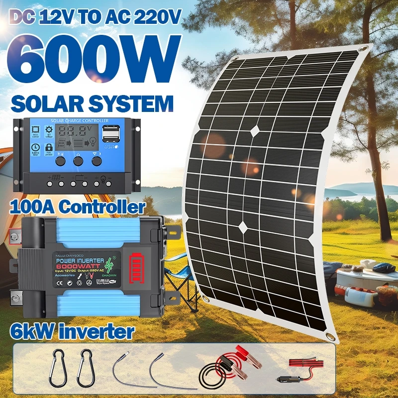 600W Solar Panel 6000W Inverter 12V To 110V/220V Solar Power Generation System Home Outdoor Car Mobile Phone Solar Charging