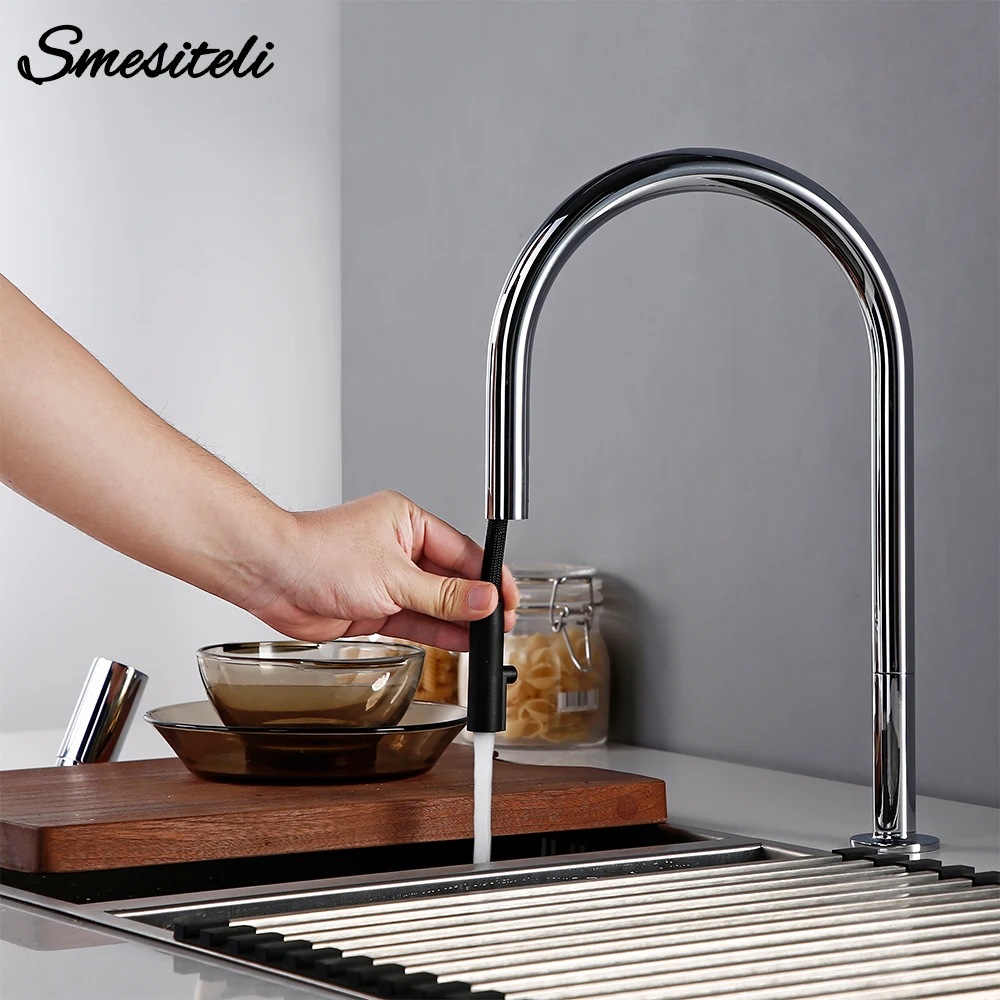 Bathroom Kitchen Basin Faucet Deck Mounted Hot & Cold Water Smesiteli Chrome and Black Single Handle Dual Hole Pull Out