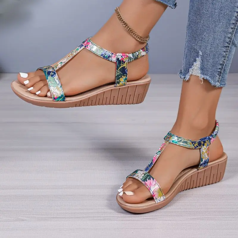 Rimocy Women\'s Bohe Wedge Sandals Print Elastic Strap Gladiator Shoes Woman Plus Size Summer Casual Beach Sandalias Mujer 2024