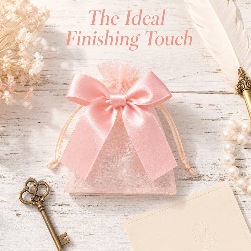 10/20pcs Pink Bow Gift Bags Transparent Nylon Organza Drawstring 9x12 for Jewelry Candle Arts Crafts Christmas Wedding Holidays