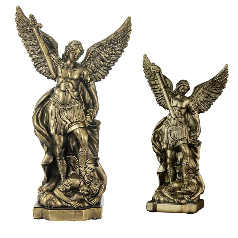 

San Miguel Archangel Statue Resin Imitation Household Ornaments Retro Mythology Angel Figurine Christian Desktop Decorations