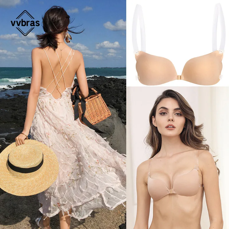 Mamilo Capa Invisível Sutiã Push Up Silicone Bra para Casamento Pegajoso Reutilizável com Alças Transparentes Backless Bikini Lingerie