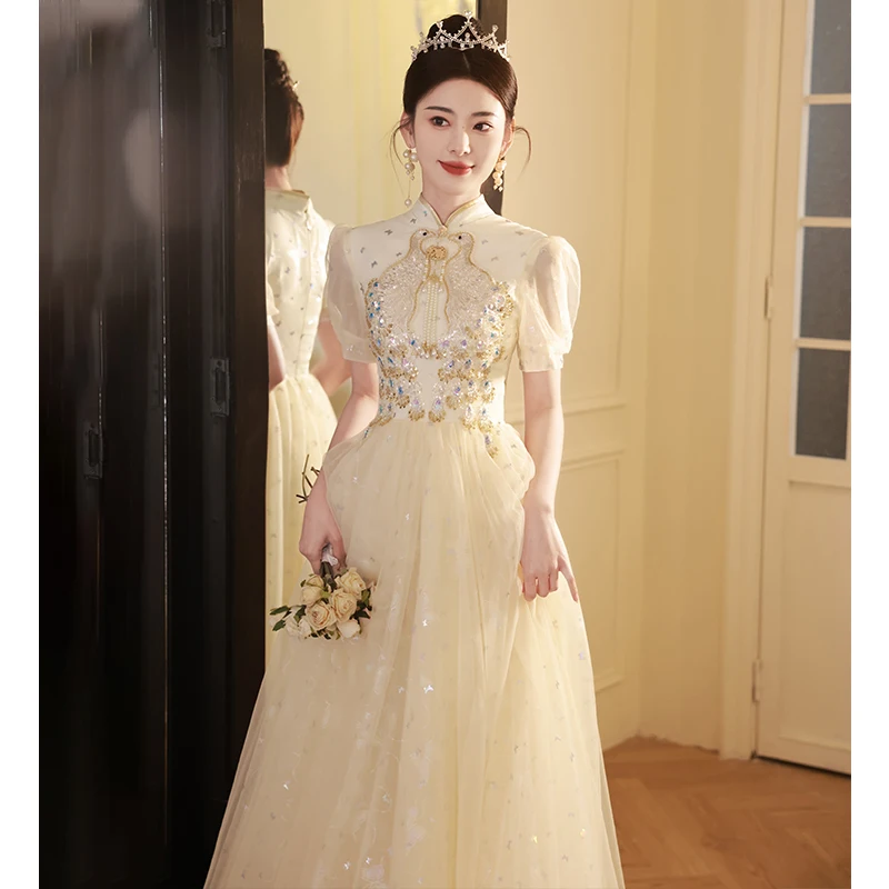 

Champagne Colored Reformed Chinese Sle Wedding Dr Engagement Evening Gown New 2025 Ele mat Bridal Robe