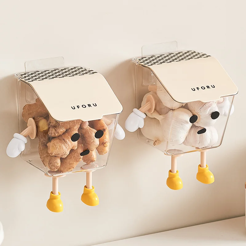 Self-Adhesive Wall Mount Kitchen Storage Box UFORU Cartoon Figure Space Saving Organizer For Ginger Scallion Chili Kitchen Use