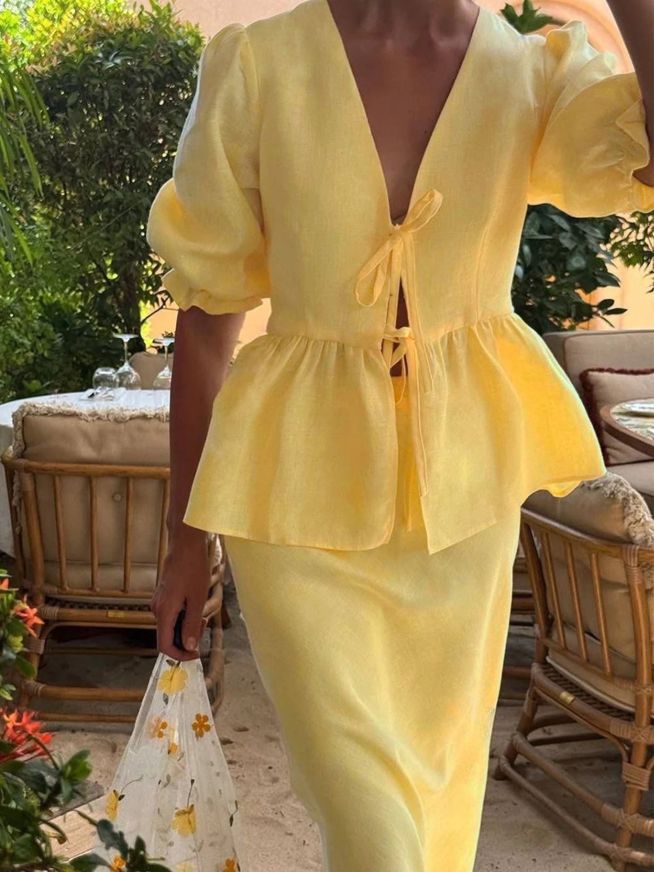 Elegant Chic Skirt Set 2-Piece Set Women Tie Front Bubble Shirt High Waist Maxi Skirt Suits Street Holiday Ladies Loose Outfits