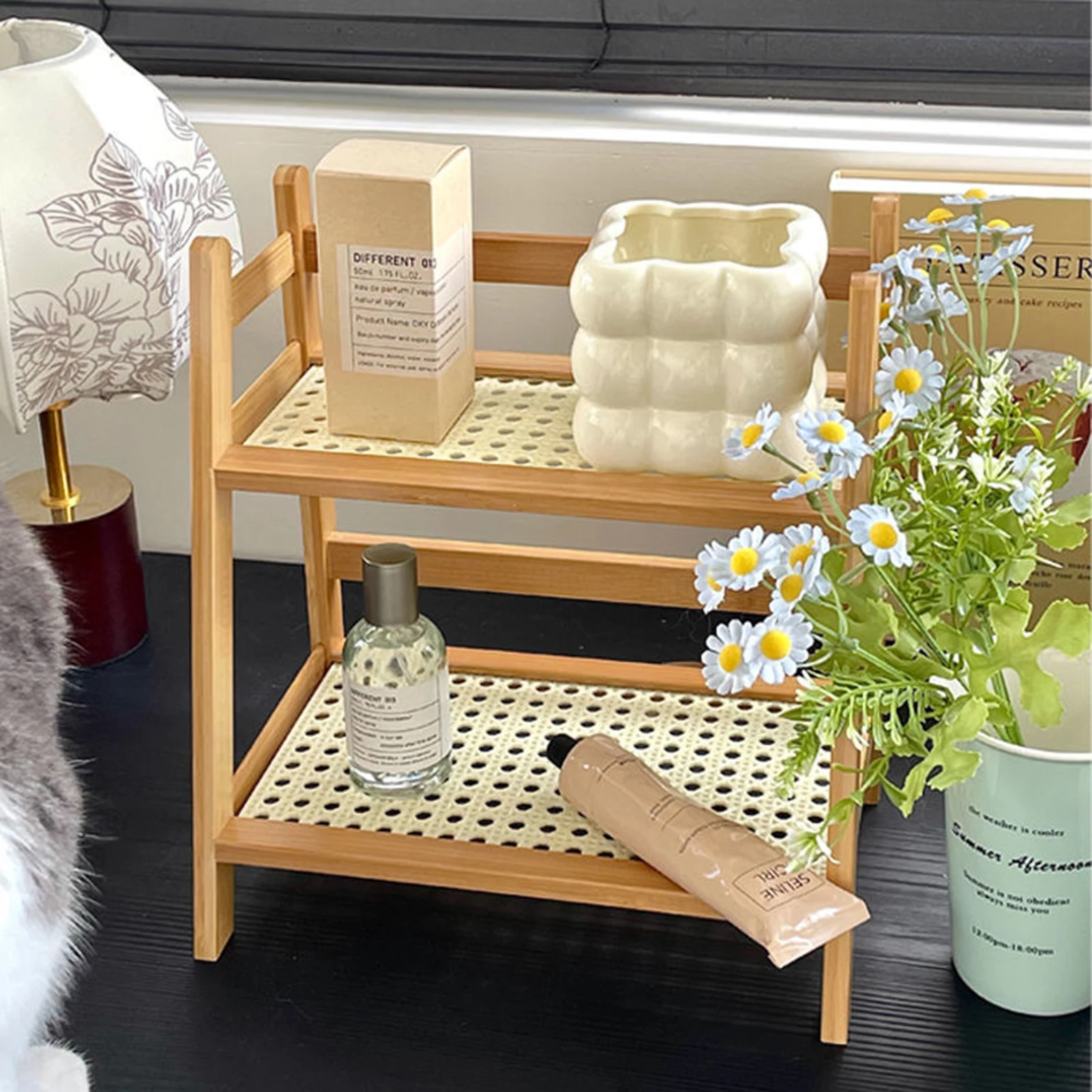 Wooden Double Layer Rack Simple Standing Utility Storage Shelf Practical Gifts for Families Friends