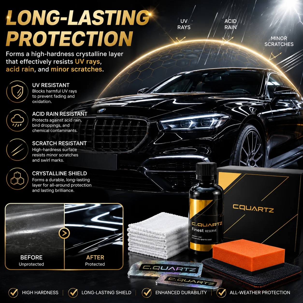 CQFR CQuartz Finest Reserve Ceramic Coating Kit – Professional Grade Paint Protection, High Gloss Finish, Extreme Hydrophobic