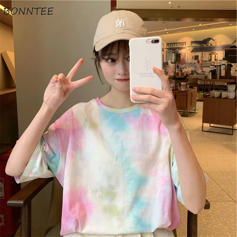 Tie Dye Short Sleeve T-shirts Women Sweet Design Chic Retro Harajuku Basic Summer New Arrival Tops Mujer Ulzzang Teens Hip Hop