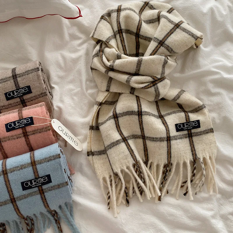 

Атмосферный клетчатый шарф для студенток, высококачественная шерстяная шаль с бахромой, модный и теплый унисекс-шарф для пар.