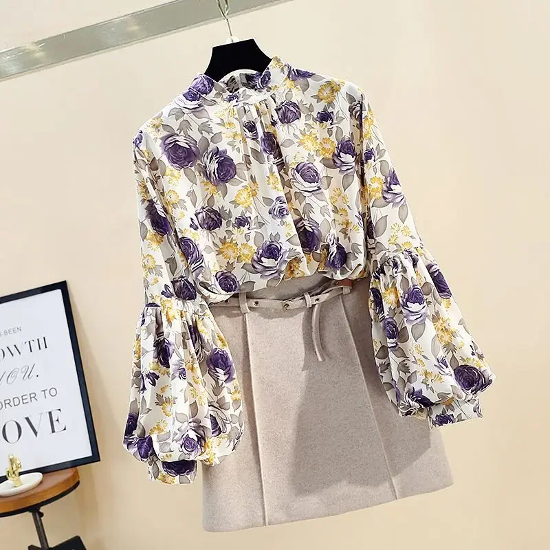 Women\'s Clothing Korean Fashion Floral Print Stand Collar Blouse Spring Autumn Lantern Sleeve All-match Chiffon Shirt for Female