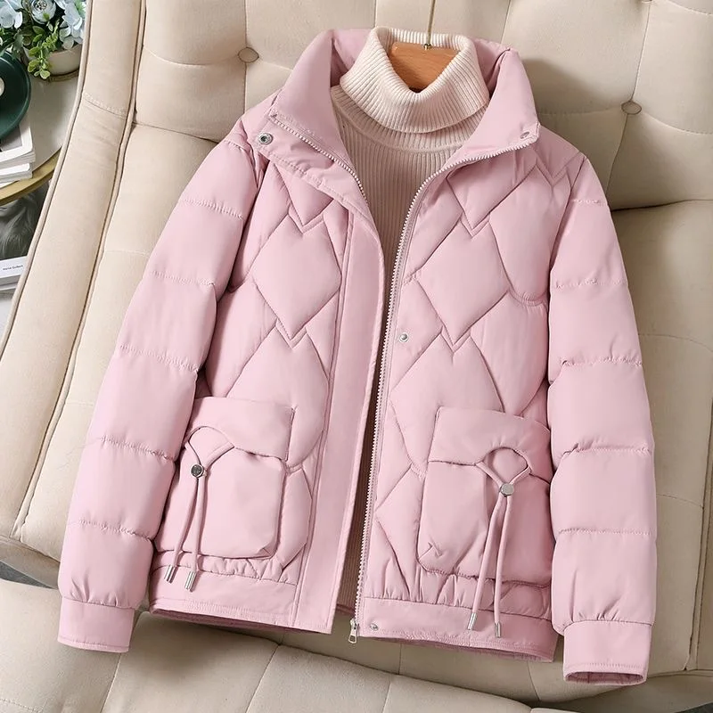 

New Loose Thicken Short Parkas for Women Casual Stand Up Long Sleeve Coats Woman Winter Pockets Zipper Up Warm Parka Jacket Lady