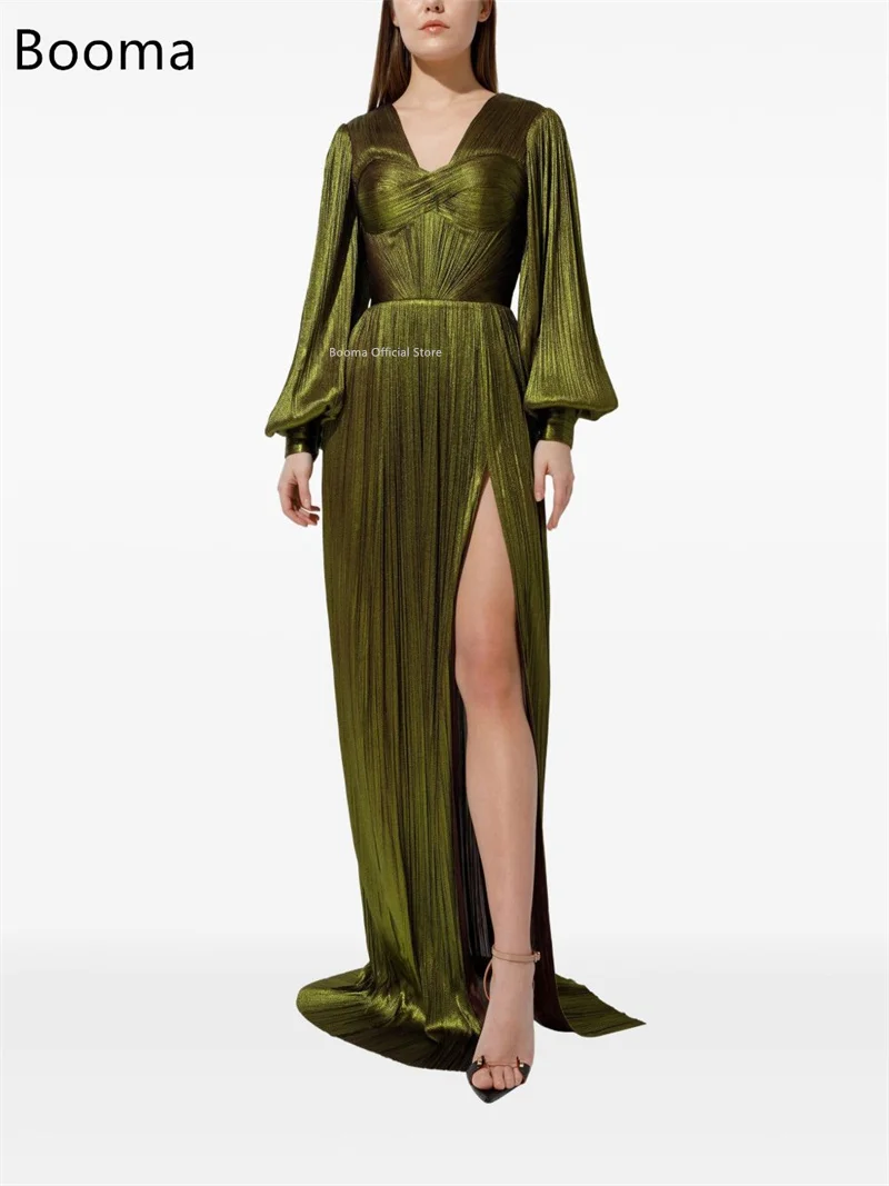 Booma فساتين أنيقة على شكل حرف v وأكمام طويلة على شكل حرف a رداء حفلات رسمي للنساء فتحة جانبية فستان حفلات لامع تخصيص 2025