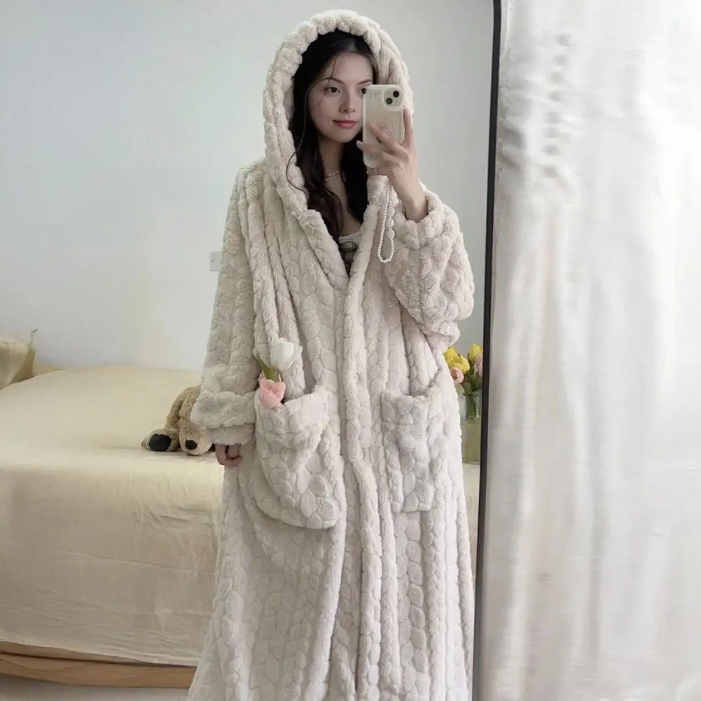 Camicia da notte da donna Pigiama in pile corallo Camicie da notte in pile di flanella da donna accoglienti Manica lunga Abito abbottonato con cappuccio per il calore