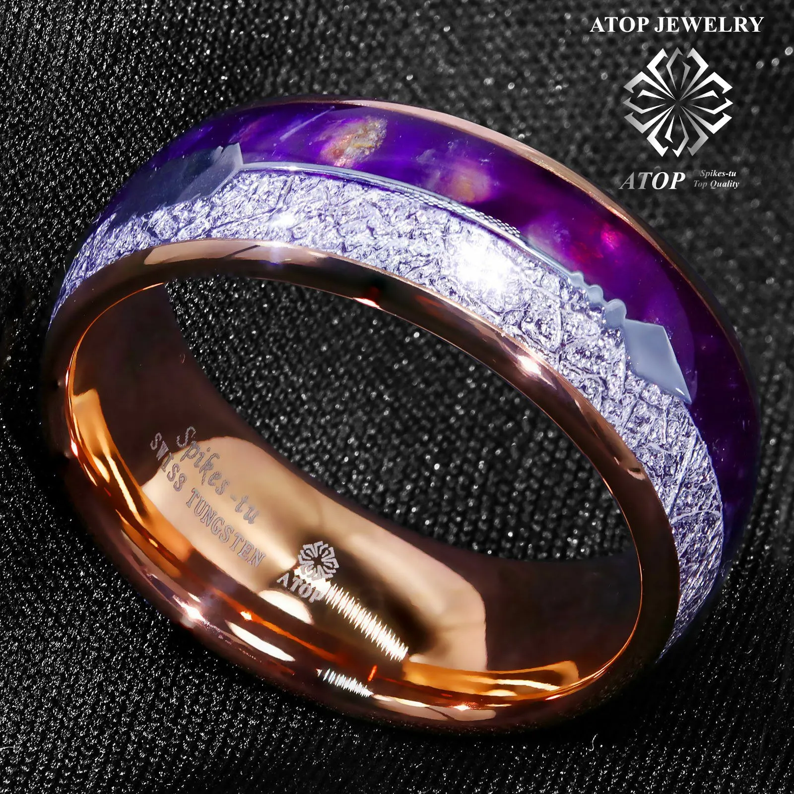 8/6mm Rose Gold Tungsten Ring Purple Agate Meteorite Arrow ATOP Men Wedding Band