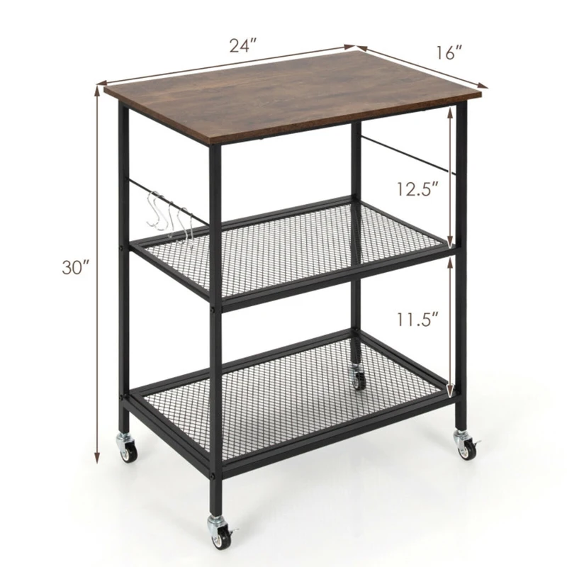 Durable Storage Rack 3-Tier Kitchen Serving Cart Utility Standing Microwave Rack with Hooks Spacious 3-tier Open Shelf Trolleys