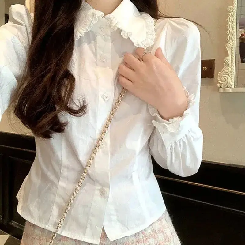 بلوزات نسائية بيضاء حلوة على الطراز الكوري الياباني قميص أوائل الخريف للسيدات ثقافة فرعية Y2k بلوزات جديدة لوليتا حلوة