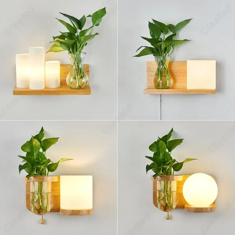 LED Glass Lampshade E27 Solid Wood Wall Lamp Bedroom Bedside Lamp Living Room Hallway Balcony Decorative Lighting Fixture