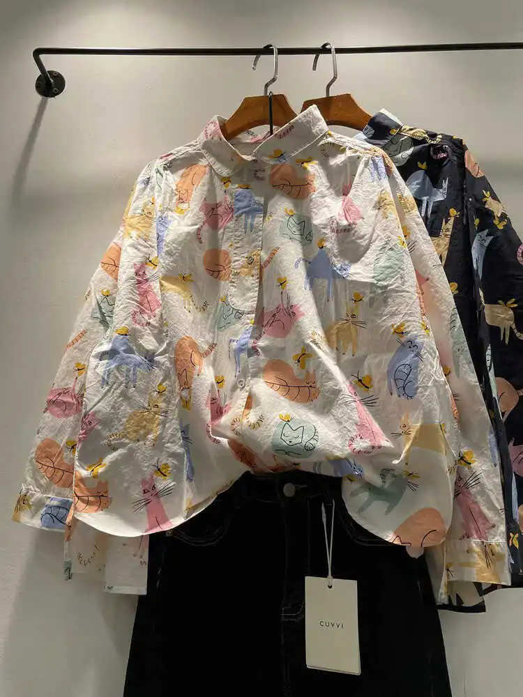 

Свободные женские длинные све, с отложным воротником и принтом irt, на одной пуговице, из смеси хлопка, модный корейский слей, осень 2024, осень 2024