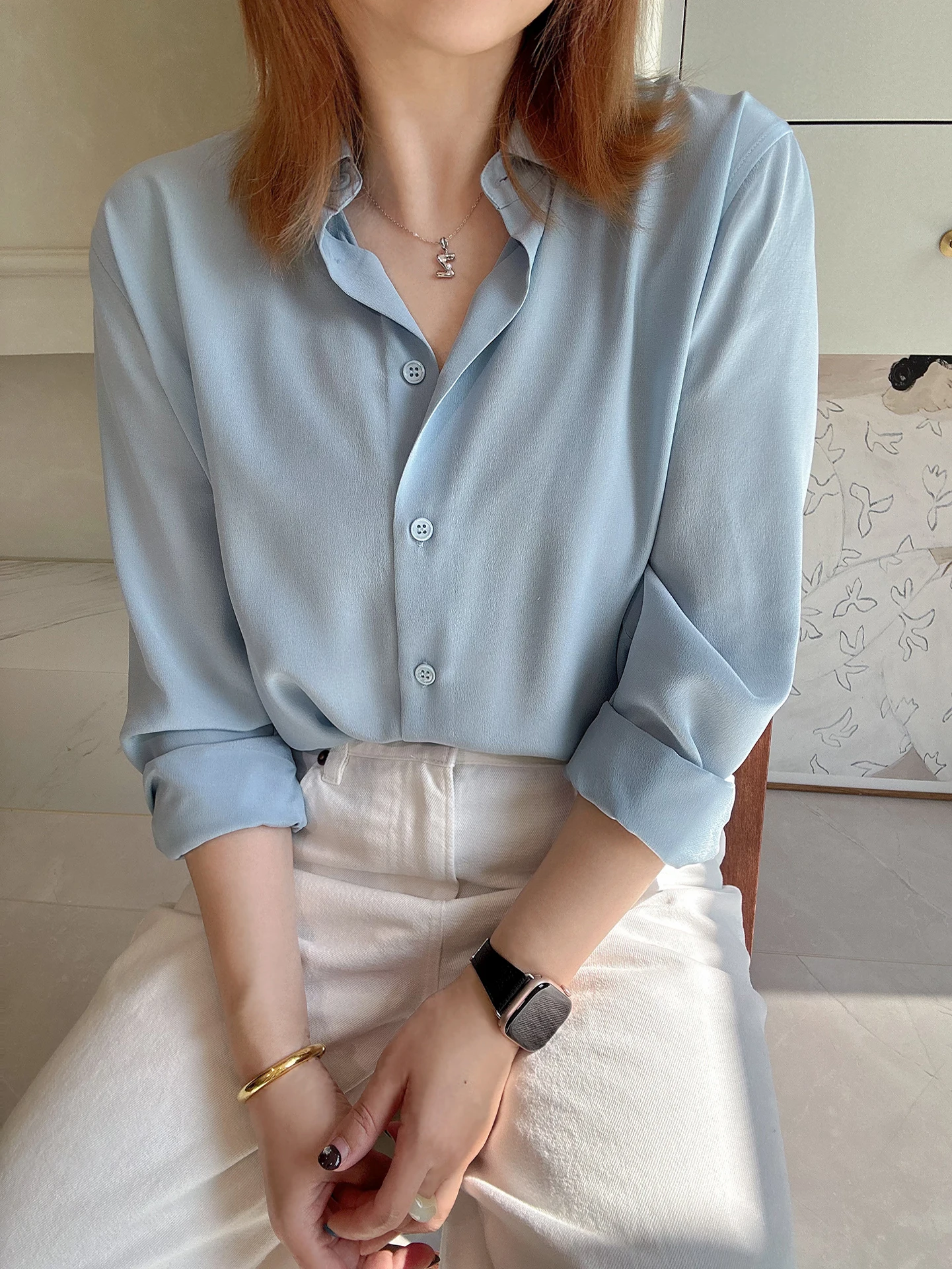 

Loose Fit Silk irt Women's French Sle Sand Waed Silk Casual irt Drapey Top for Commuting Ele High-End Fe...