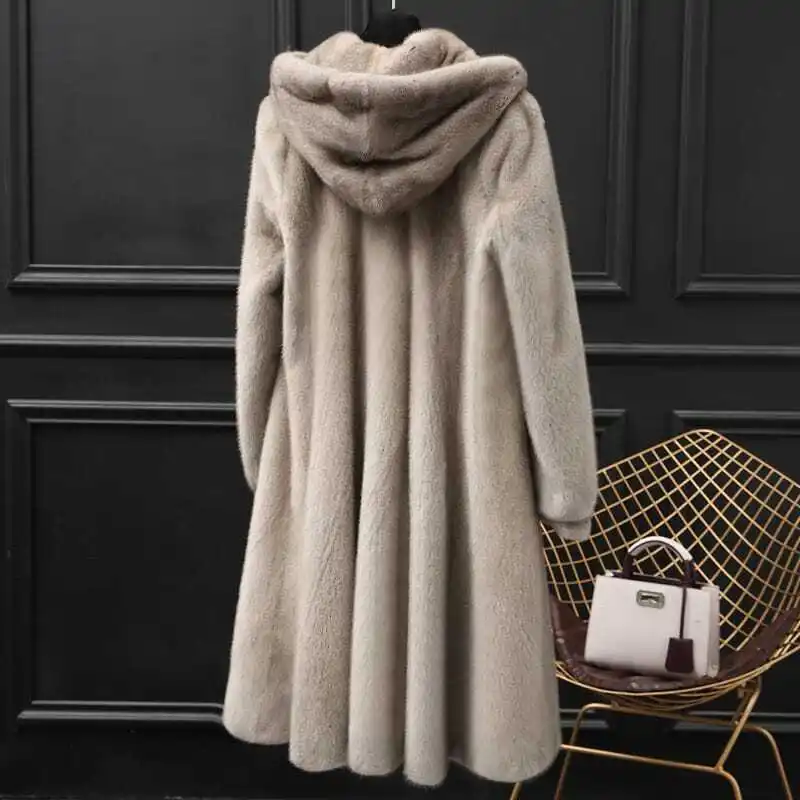 Autumn Winter Long Luxury Elegant Chic Soft Thick Warm Brown Hairy Faux Mink Fur Coat Women V Neck Fluffy Overcoat 2025 A6