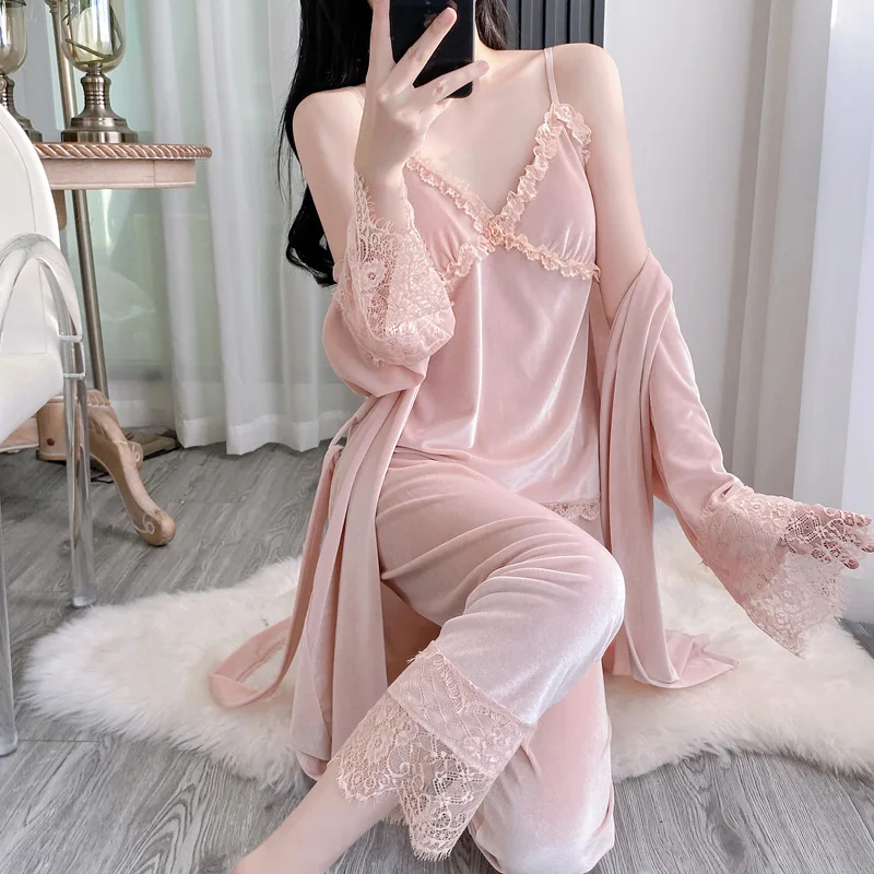 

Autumn Winter Lace Pijamas Suit Homewear 3PCS Pajamas Set Women Velour Kimono Bathrobe Strap Top&Pants Sleepwear Lingerie