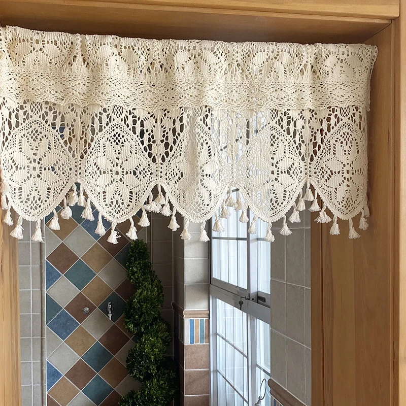 

American Style Countryside Flower Crochet Cotton Window Valance Curtain Half Curtain Tassel Door Curtain Partition