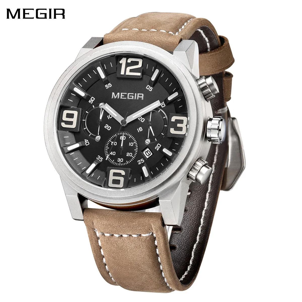 MEGIR Multi-function Business Moon Phase Date Waterproof Rome Analog Imported Men Wristwatch Dial Quartz Leather Watches