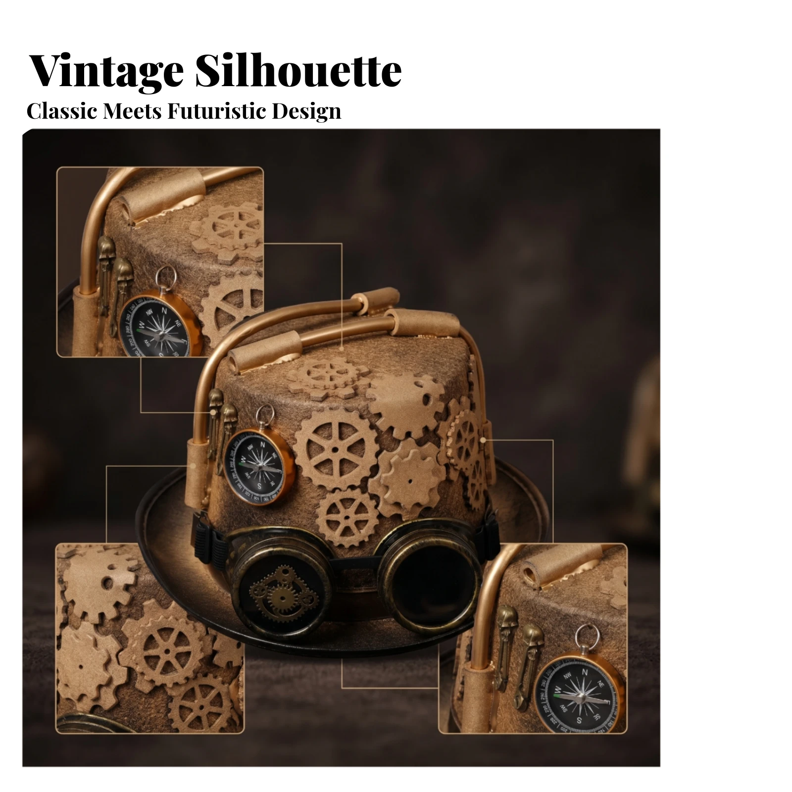 Wide Brim Steampunk Hat Shiny Finish Steampunk Costume Hat Gear Appliques Compass Ornament for Halloween