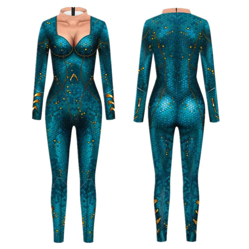 Women Sexy Fish Scales Print Costume Cosplay Jumpsuit Halloween Christmas Party Performance Bodaysuit Adult Clothes