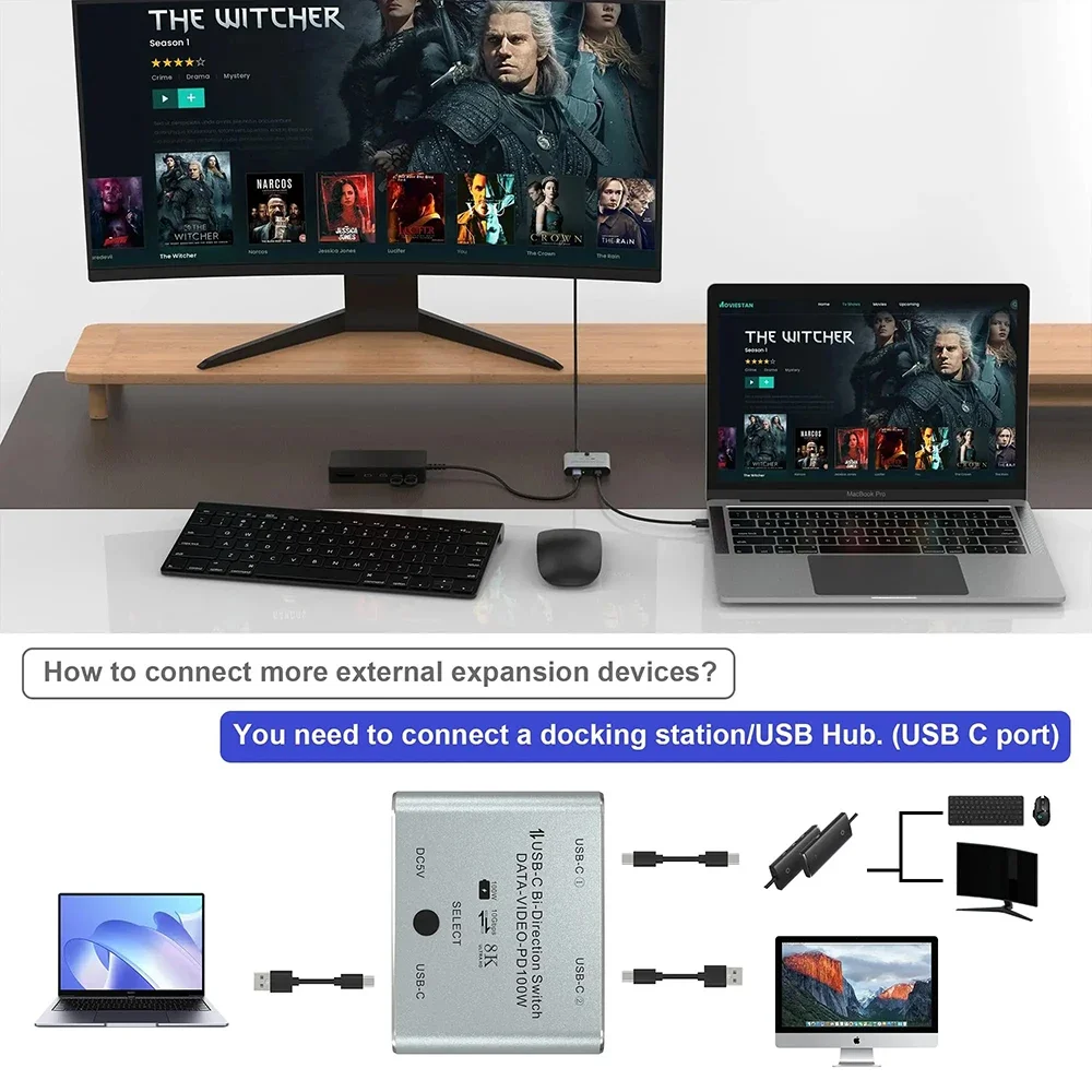 8K USB C Switch Splitter for 2 Computers Bi-Directional Type C KVM Switch 1 in 2 Out/2 in 1 Out Video Transfer 100W 10Gbps Data