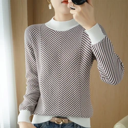 Pure Cotton Sweater Women's Spring Autumn New Half High neck Knitted Pullover Loose and Thin Fashion Striped Color Matching Top