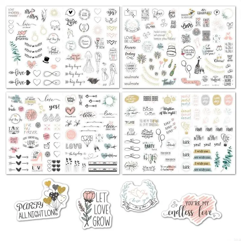 

50LB 4 Sheets Romantic Wedding Stickers Bride Planner Photo Album Love Letter Sticker