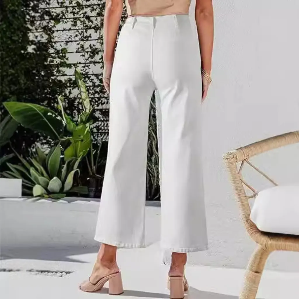 Retro damesjeans met hoge taille en wijde pijpen, enkele rij gesp, losse, rechte casual broek in Europese en Amerikaanse stijl