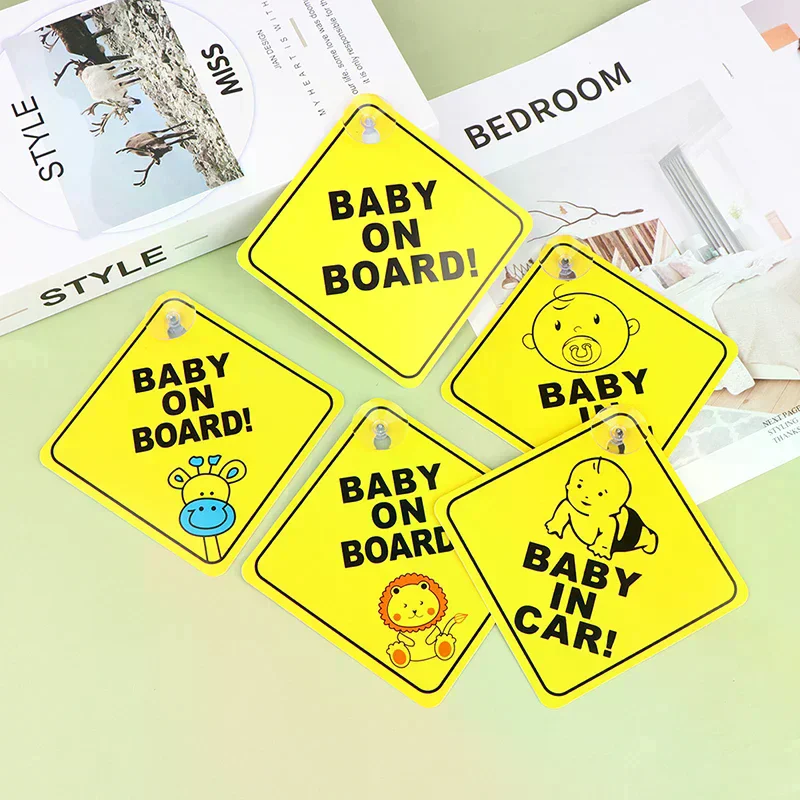 Baby On Board Safety Car Window Suction Cup Yellow Warning Sign Driving Car Stickers