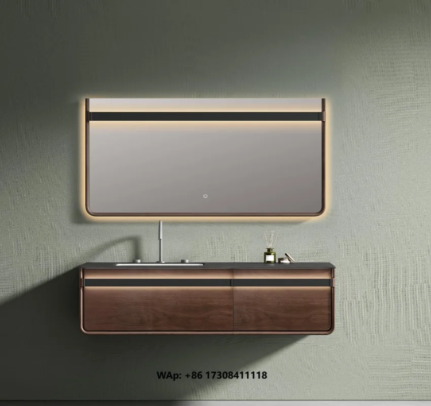 Modern Luxury Rectangle Bathroom Vanity Wall-Mounted Solid Wood Water Resistant Sink Smart Mirror Ceramic Basin 5 Year Warranty