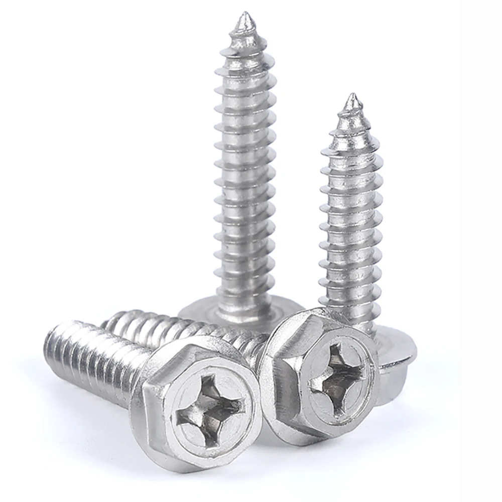 5 -10 pcs 304 Stainless Steel Self-Tapping Phillips Hex Screw Cross Hexagonal Flange Cross Head Screws Wood Nail M3 M4 M5 M6