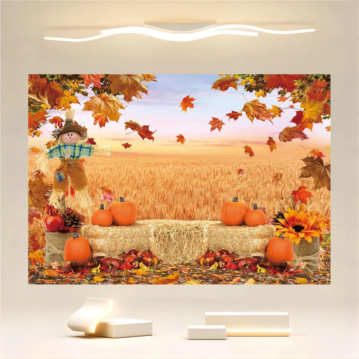 Autumn Pumpkin Harvest Thanksgiving Hay Maple Leaf Background Baby Shower Birthday Party Decoration Portrait Photography Props