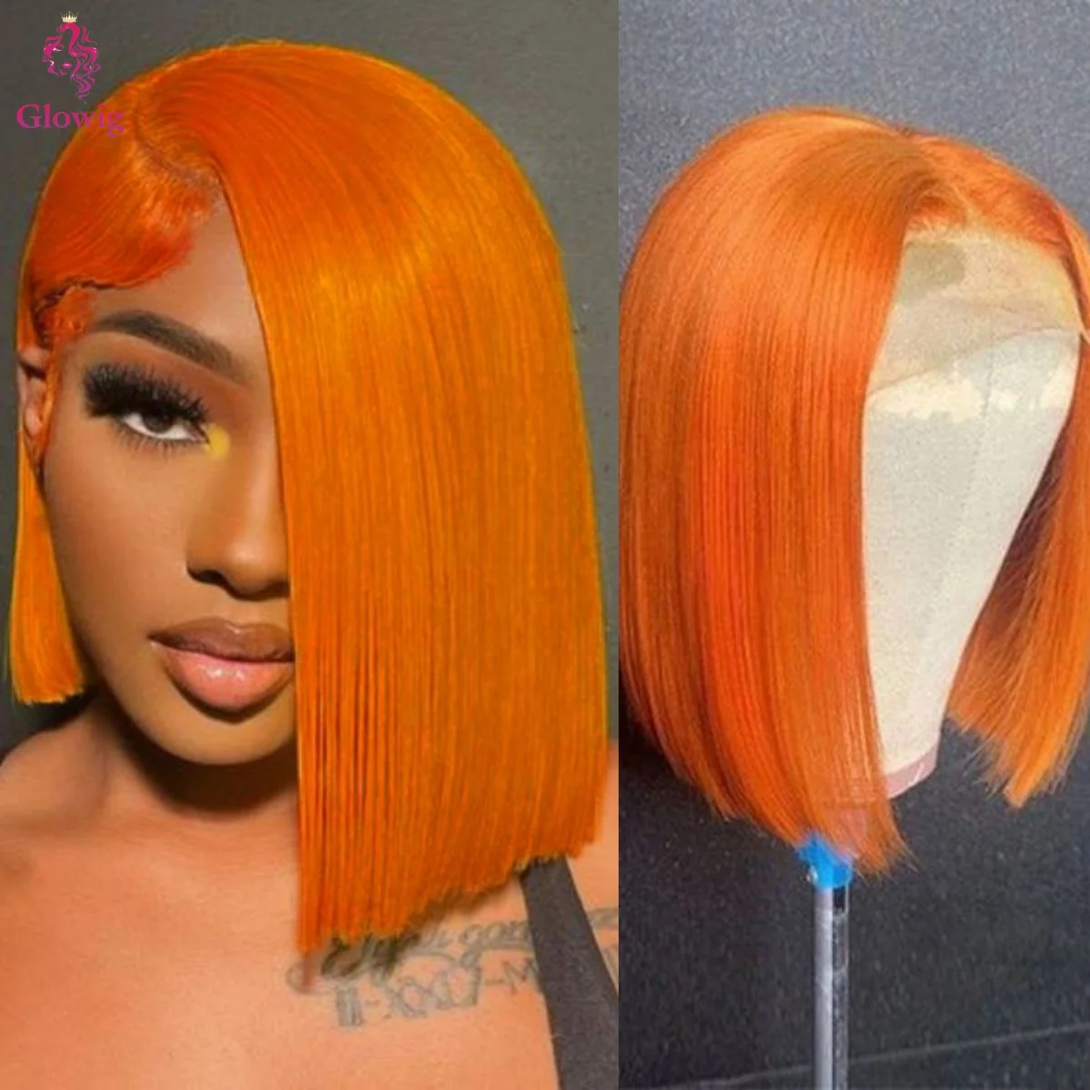 200 Density Ginger Orange Short Straight Bob Wig Human Hair 13x4 Lace Front Human Hair Bob Wig for Women