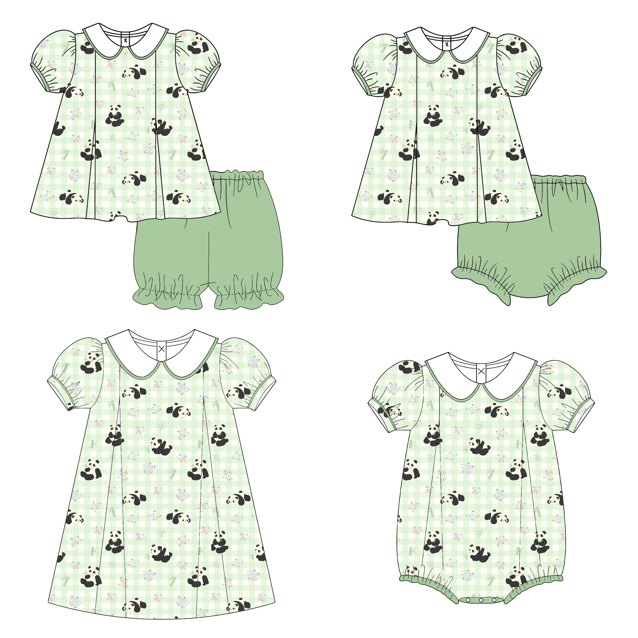 Оптовая продажа, новый летний комплект из 4 предметов из молочного шелка, зеленые лацканы, зеленые шорты с короткими рукавами и принтом панды для девочек, платье с короткими рукавами Оптовая продажа, новый летний комплект из 4 предметов из молочного шелка, зеленые лацканы, зеленые шорты с короткими рукавами и принтом панды для девочек, платье с короткими рукавами