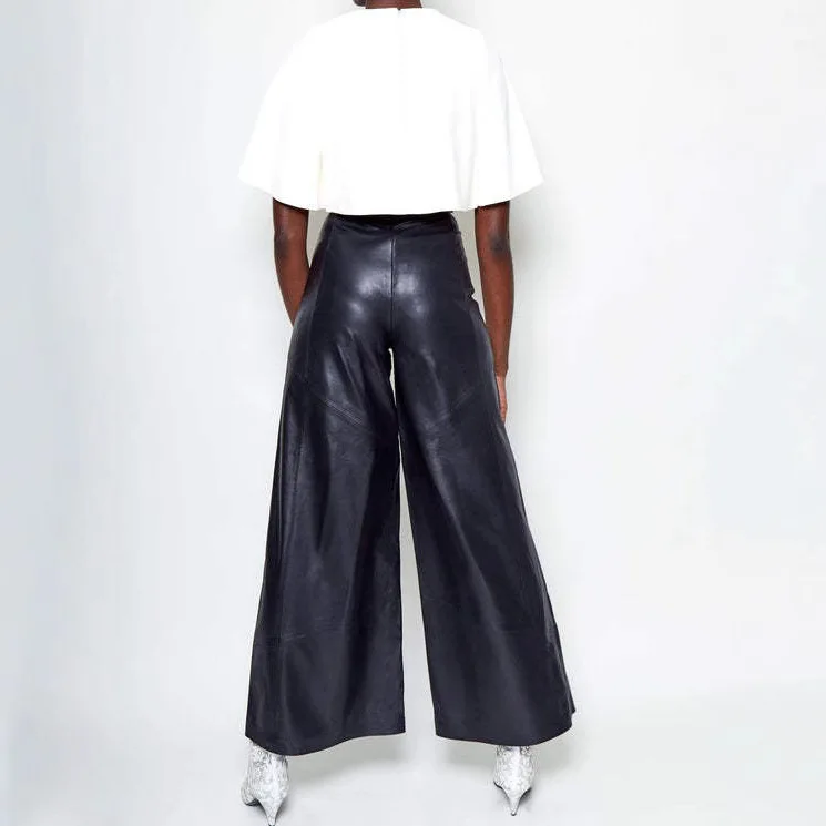 Women's Fashion PU Leather Solid Color Wide Leg Pants 2026 New Loose High Waist Pleated Metal Buckle Streetwear Casual Trousers