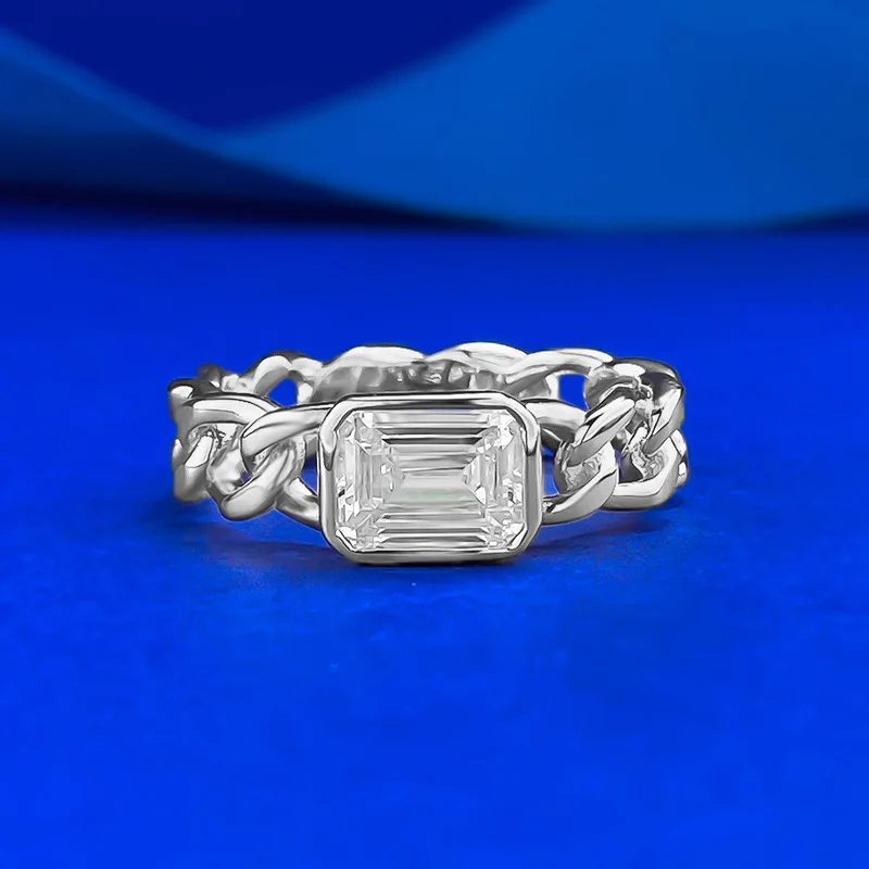 

S925 silver white gold 5 * 7 rectangular zircon Cuban ring chain hollowed out personalized live broadcast cross-border