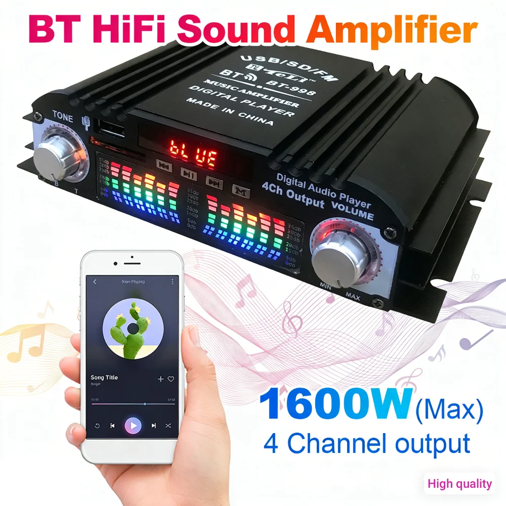 

Усилитель звука Hi-Fi мощностью 1600 Вт, пульт дистанционного управления, совместимость с Bluetooth, усилитель мощности для дома и автомобиля, мини-усилитель Hi-Fi, цифровой стереоусилитель