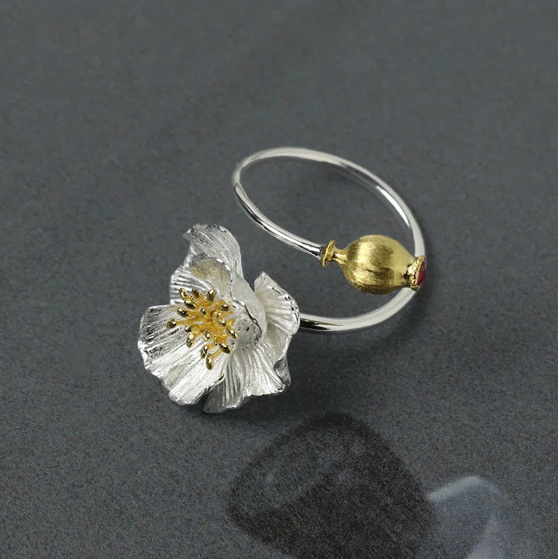 Miracle Sterling Silver 925 Original Design Life Like Summer Flowers Niche Artistic Poppy Women's Flower Open Ring