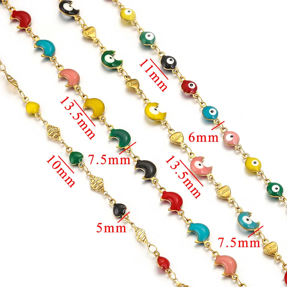 Correntes Banhadas a Ouro para Fabricação de Jóias, Gota de Óleo, Lua, Mau-olhado, Colar DIY, Pulseira, Acessórios Materiais, Aço Inoxidável, 1 m