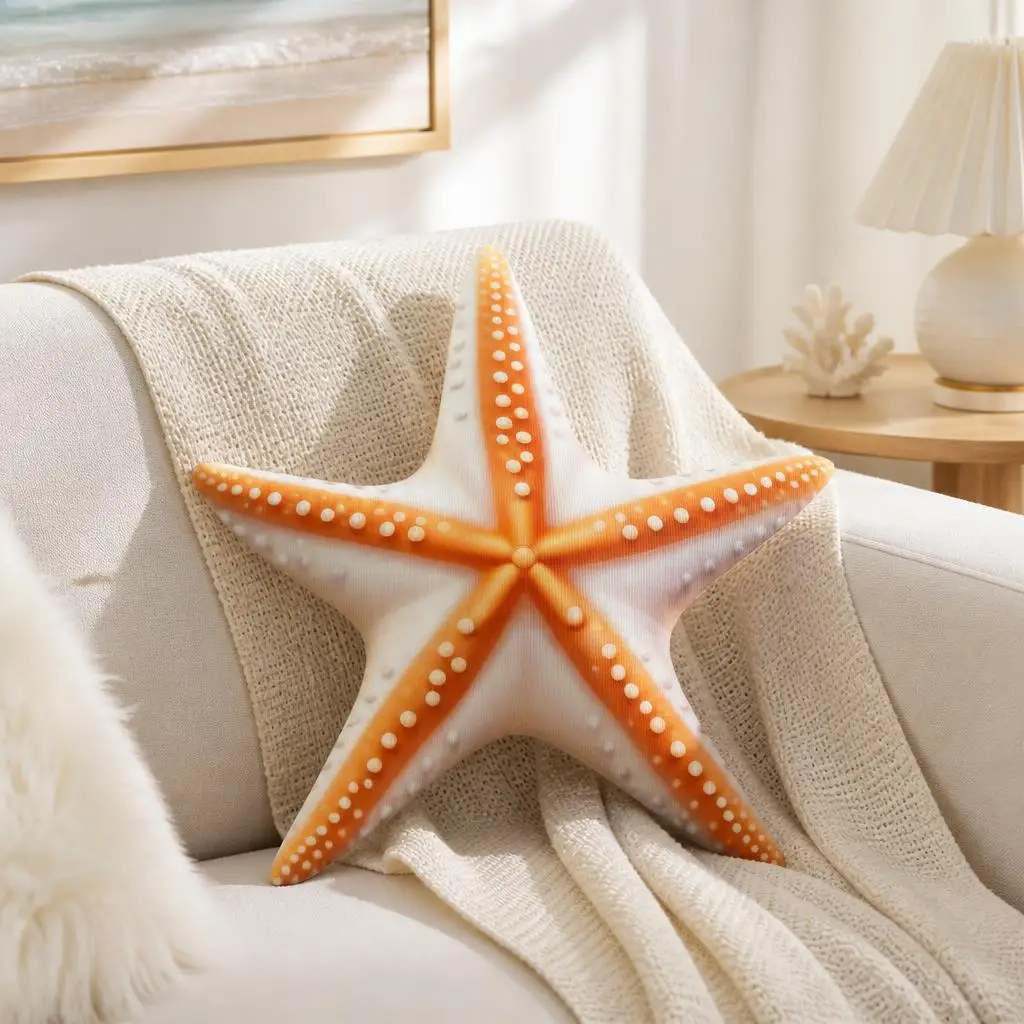 Starfish Shaped Stuffed Throw Pillow Ocean Coastal Cushion Sea Star Decorative Pillow for Sofa Living Room Beach House Decor
