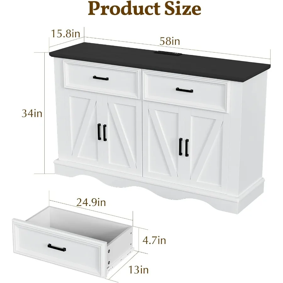 58 خزانة بوفيه جانبية للمزرعة الحديثة مع 4 أبواب و2 أدراج خزانة تخزين المطبخ مع أرفف قابلة للتعديل للقهوة #2