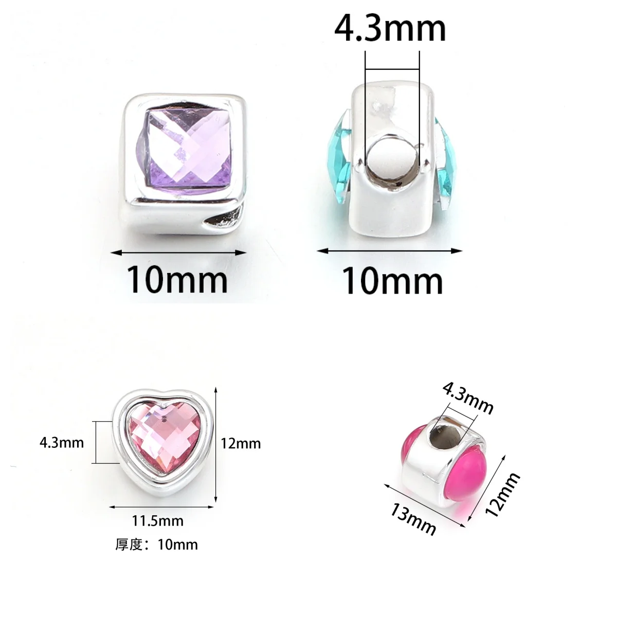 10pcs Resin Big Hole Beads Double Sided Rhinestone Charm Beads Square Round Heart Shape for DIY Bracelet Necklace Jewelry Making