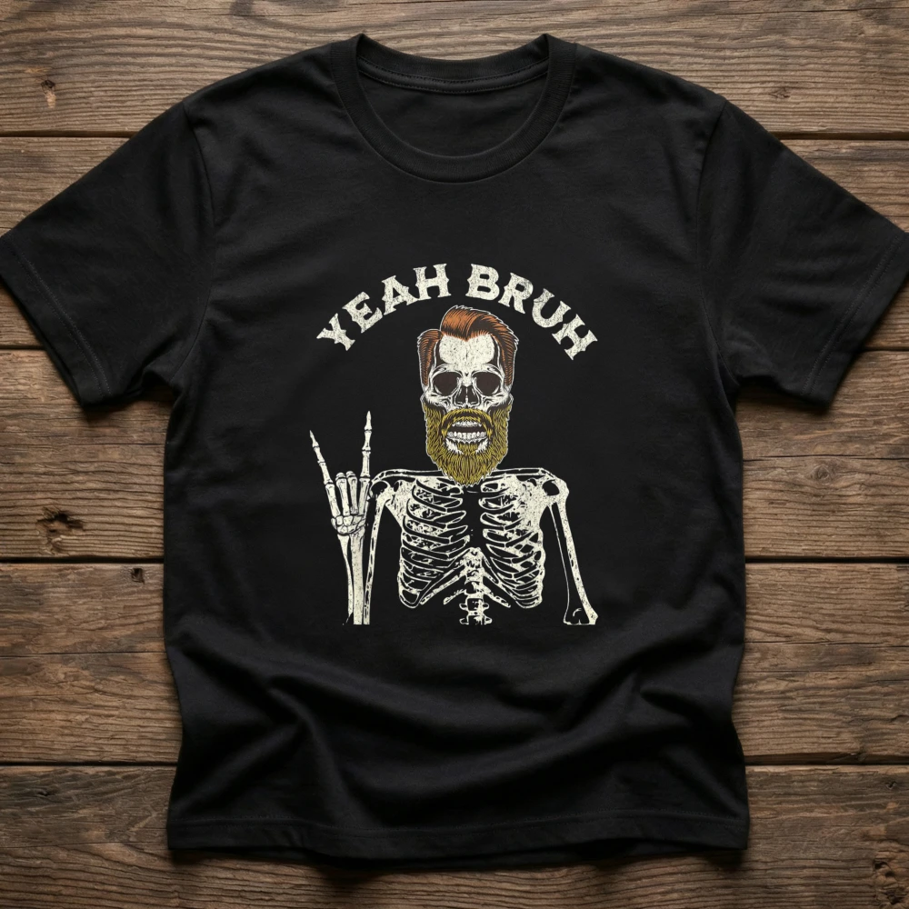 Yeah Bruh Bearded Skeleton Halloween Dude for Husband T-Shirt Chill Vibes Funny Skull Humor Unisex Streetwear Shirt Cotton Tees