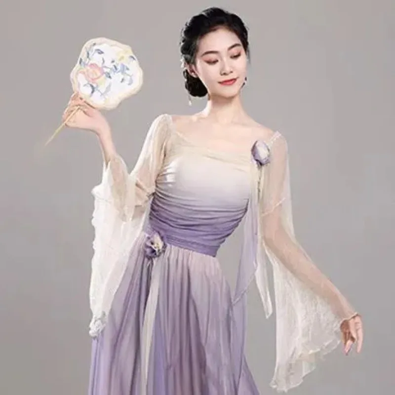 Women Chinese Classical Dance Outfit Gradient Mesh Flare Sleeve Top Fairy Style Ancient Style Performance Practice Dress
